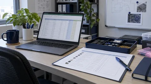 איור של גיליון BOM, רשימת בדיקה ודוגמאות רכיבים על שולחן